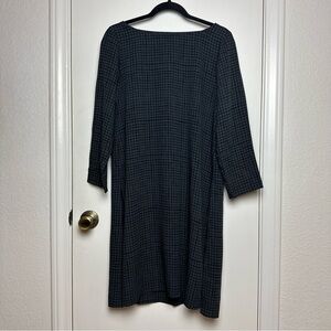 Eileen Fisher Silk Grey Grid Pattern Long Sleeve Shift DresS XS